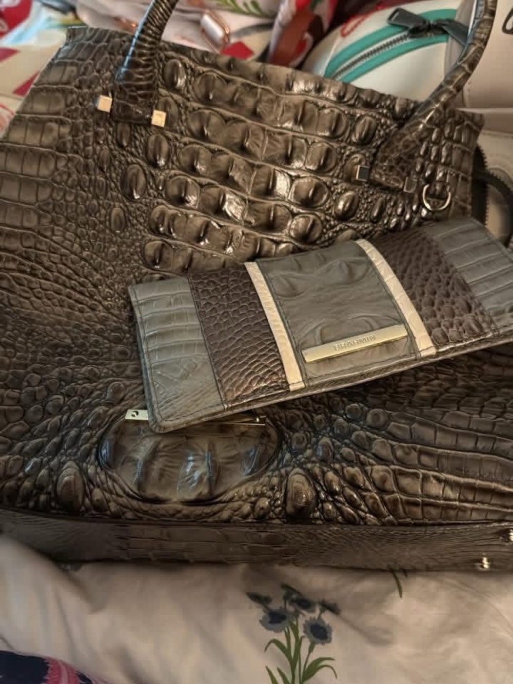 Green Croc-Embossed Leather Tote with Matching Wallet